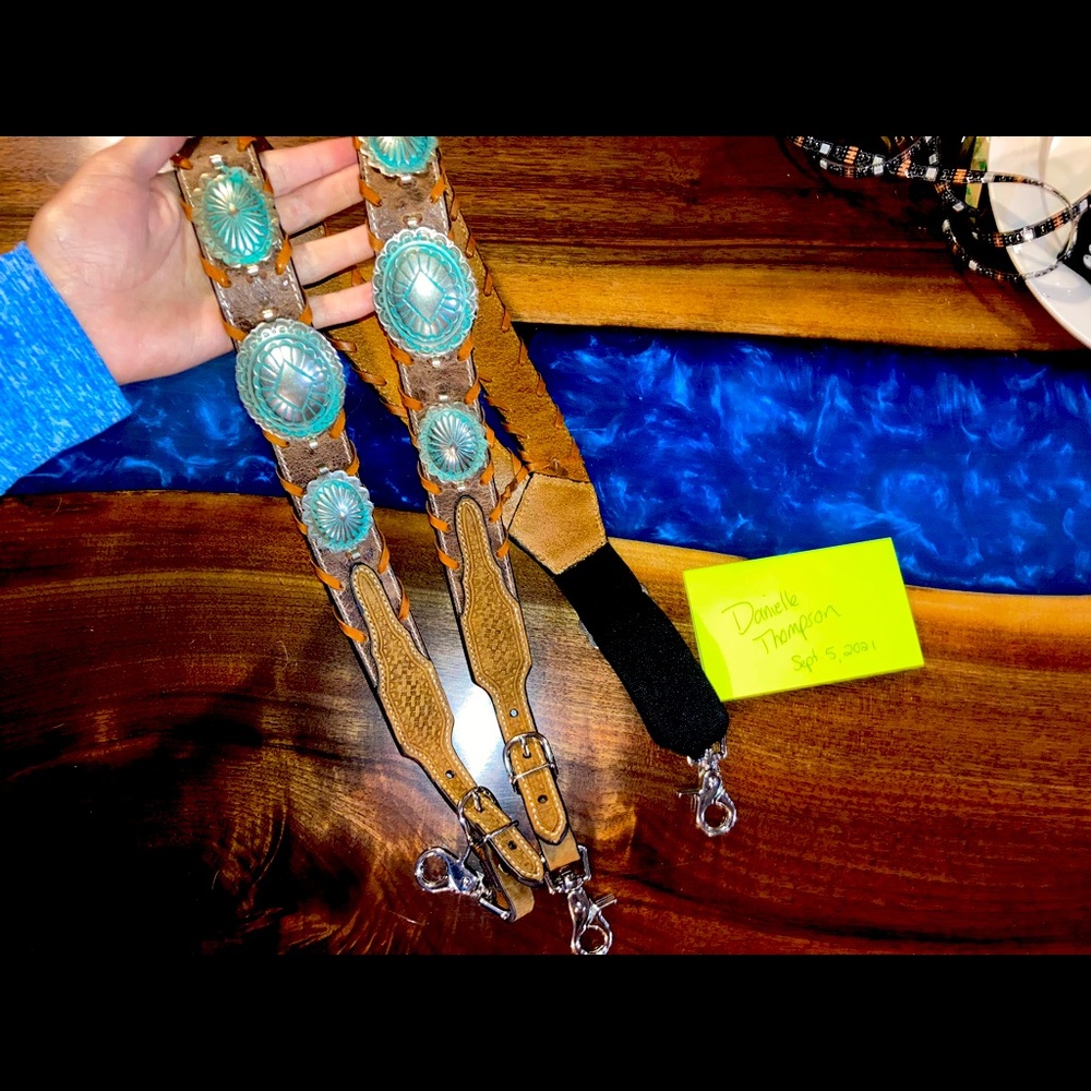 Custom Western ostrich suspenders with Conchos